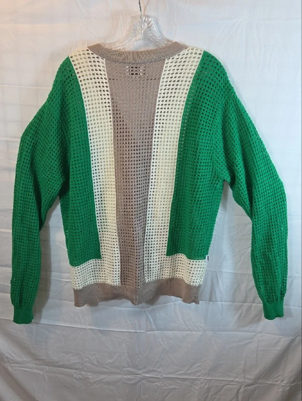Obey Crochet Open Knit Cardigan Men's Md. Green Cream Tan Sweater (0255)